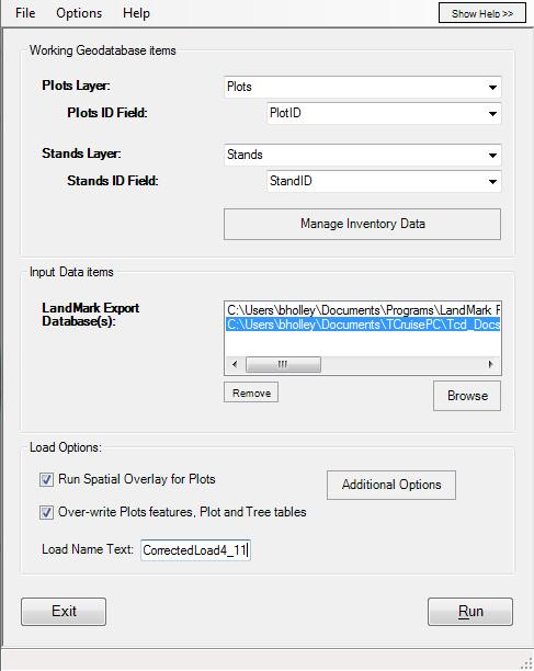 Plot Loader Tool Other options for the load include to run the spatial overlay for the Plots feature class, over-write the Plots features/plot and Tree tables from a previous load, and create a