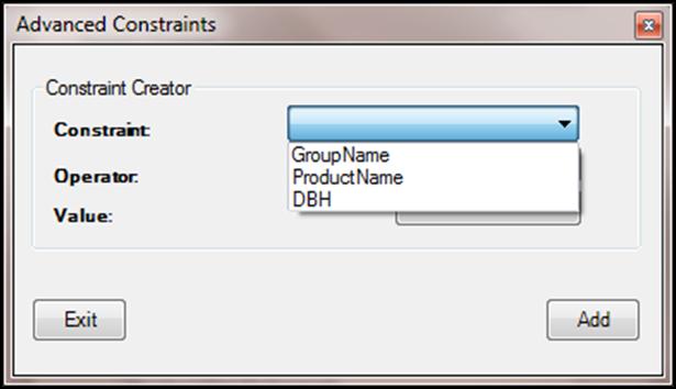 There are a few default constraints such as: Product Not Submerch, Product Not Cull, Group is Pine, and Group is Hardwood.