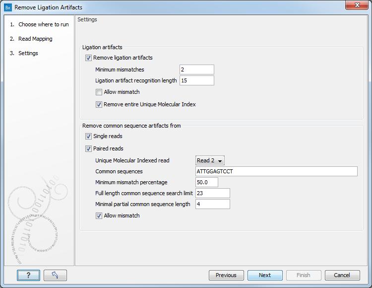 CHAPTER 1. INTRODUCTION TO QIASEQ DNA V3 PANEL ANALYSIS 24 Figure 1.25: Set the parameters for the remove Ligation Artifacts tool.