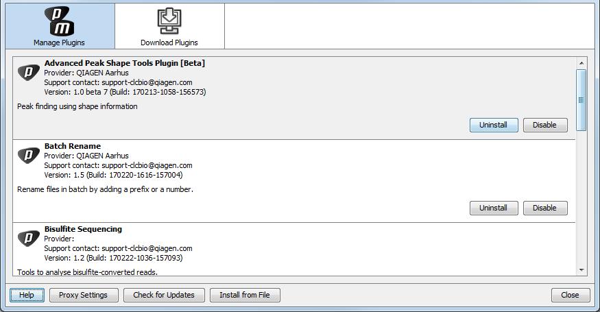 CHAPTER 2. INSTALL AND UNINSTALL PLUGINS 32 Figure 2.3: The plugin manager with plugins installed. select QIAseq DNA V3 Panel Analysis and click Uninstall.