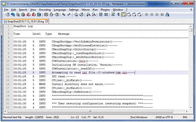 Troubleshooting Above is an example of a SnapShot log file. When troubleshooting within the SnapShot log file, you should scan the Type column for a status of ERR, which indicates an error.