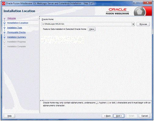 Installing WebLogic Server 5. On Installation Location, in the Oracle Home field, enter or browse to a path into which you want to install WebLogic Server.