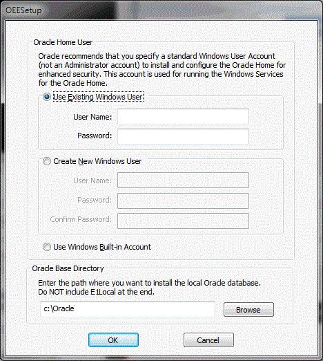 Using InstallManager to Install a Local Database 8. On OEE12Setup, in the Oracle Home User section, you must select an Oracle Home User.