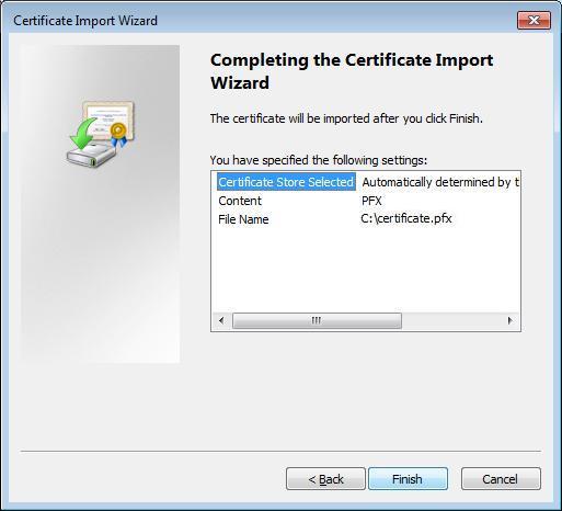 7. Complete the Certificate Manager Import Wizard by clicking on Finish. 8.