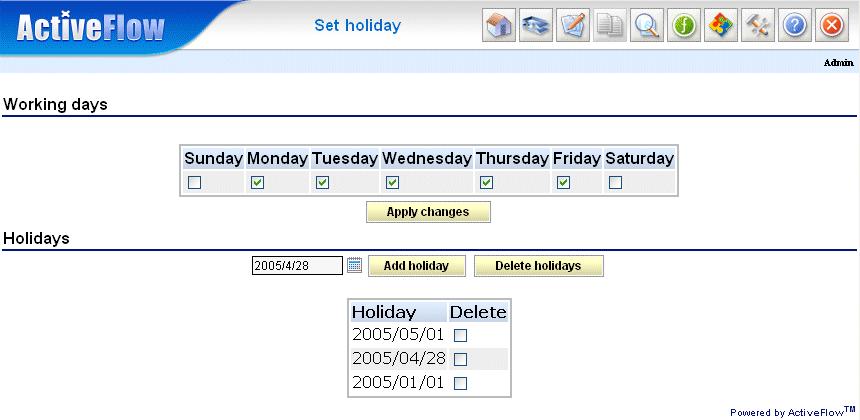 Set holidays This function allows the administrator to specify the working days as well as the "public" holidays. This is useful for the workflow expire functionality.