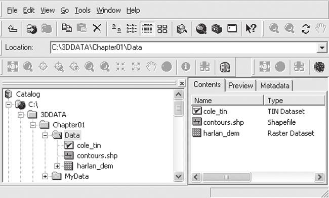 Chapter 1 Step 4. Look at ArcCatalog s Contents In the Catalog tree on the left, navigate to the 3DDATA\Chapter01\Data folder.
