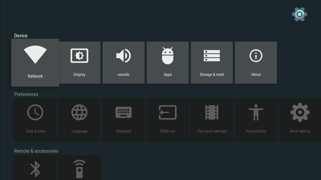 as video/audio output, network connection, Bluetooth etc... 5.1 System Settings You could open system settings menu from Launcher by choose Settings icon and press OK button.