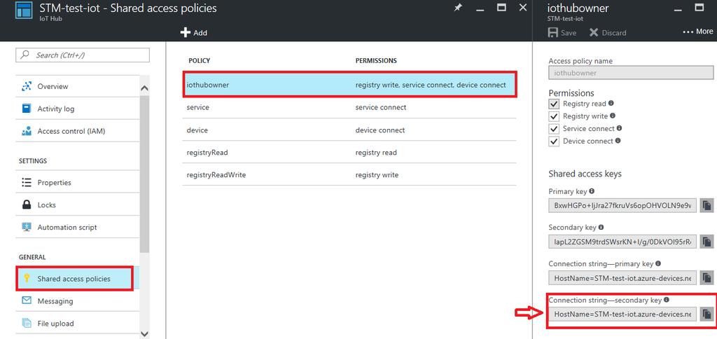 FP-CLD-AZURE1 software description Figure 9: IoT Hub connection string in Azure Portal 2 Download and install the Microsoft Device Explorer utility for Windows available at https://github.