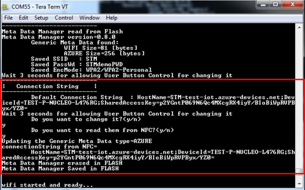 FP-CLD-AZURE1 software description 4 In the serial terminal, press y when asked to read connection string from NFC. Figure 26: Read connection string from NFC 2.7.3.