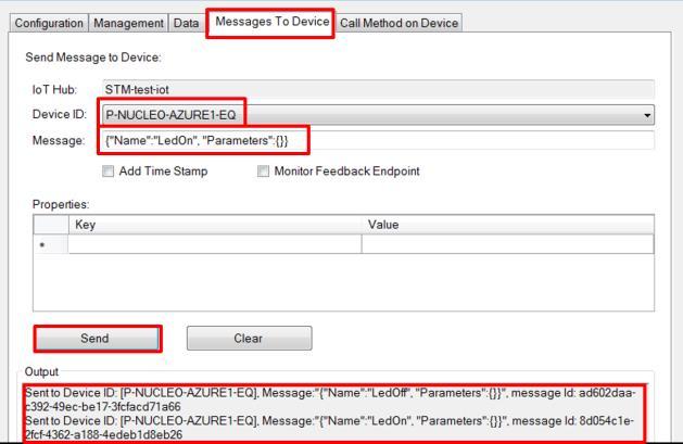 FP-CLD-AZURE1 software description UM2043 You can send messages to your connected boards via the Message to Device tab