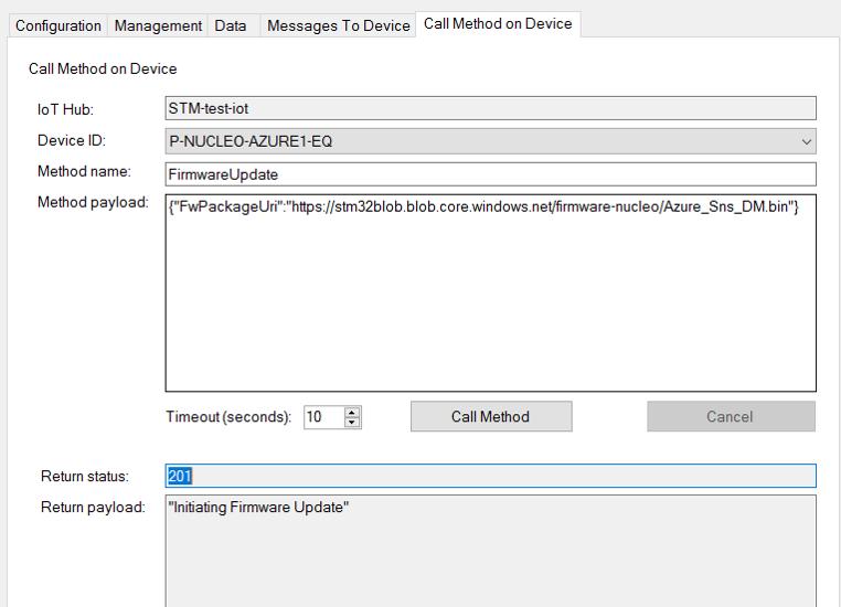FP-CLD-AZURE1 software description Figure 35: How to call the FirmwareUpdate Direct Method UM2043 Once the instruction from DeviceExplorer has been