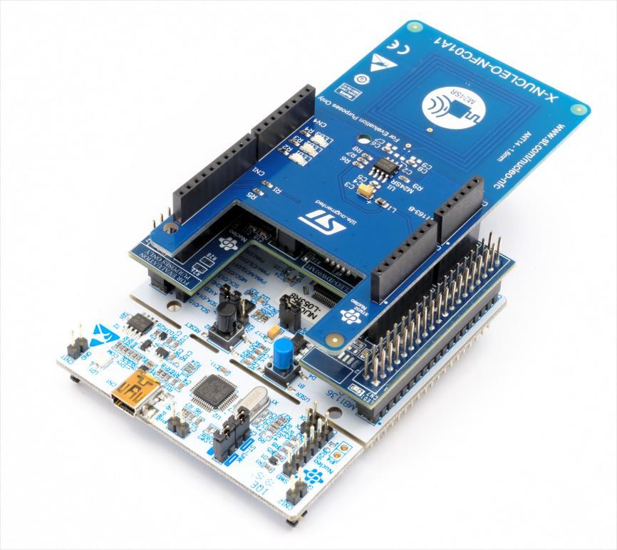 Figure 51: STM32 Nucleo development board plus X-NUCLEO-IDW01M1 plus X-NUCLEO- NFC01A1 expansion boards Finally, the X-NUCLEO-IKS01A1 or