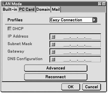 5. Setting the LAN Setting of Projector Setting Wireless LAN 1 Display the PC Card page of LAN Mode.