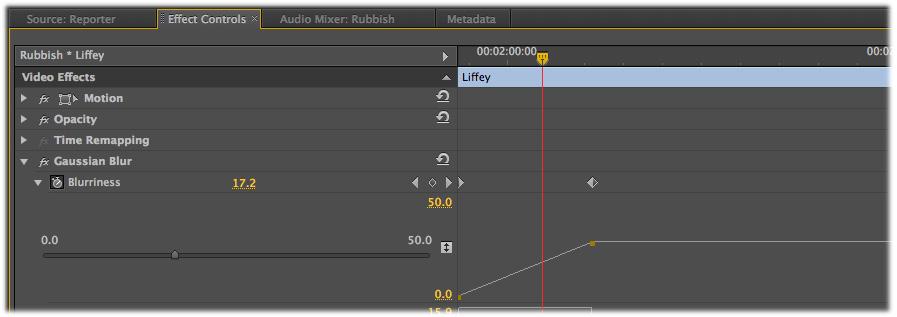 Click to animate Keyframes Controls for a Gaussian Blur effect Keyframe animation Most effect parameters (and those in the Motion, Opacity and Audio panes) can be animated using keyframes.