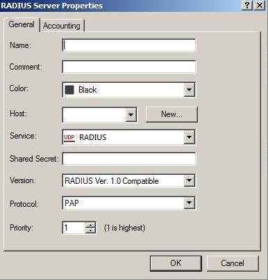 3. On the RADIUS Server Properties window, complete the following fields, and then click OK. Name Comment Color Host Enter a name for the RADIUS server. Enter any applicable comments.