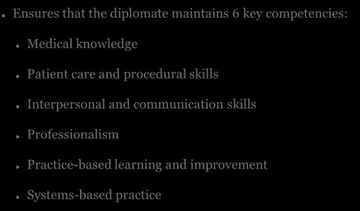 CERTIFICATION Ensures that the diplomate maintains 6 key competencies: Medical knowledge Patient care