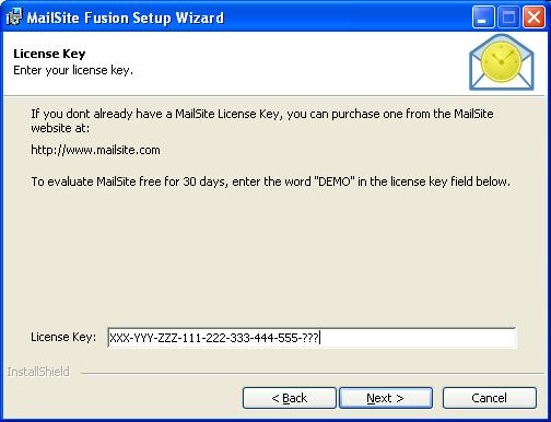 Figure 2 Installer - License Key Step To evaluate MailSite free for 30 days, enter the word DEMO as the license key.