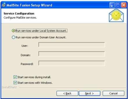 Figure 6 Installer Service Configuration Step You can choose to run MailSite services under the Local System Account or under the account for a specified domain user.