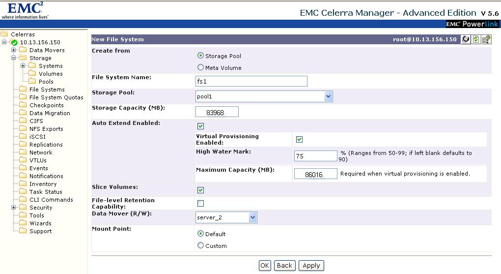 /nas/bin/server_mount <server_name> <fs name> <fs pathname> This can also be done in Celerra Manager as shown in Figure 11: Figure 11 Create a file system from the user-defined storage pool To create