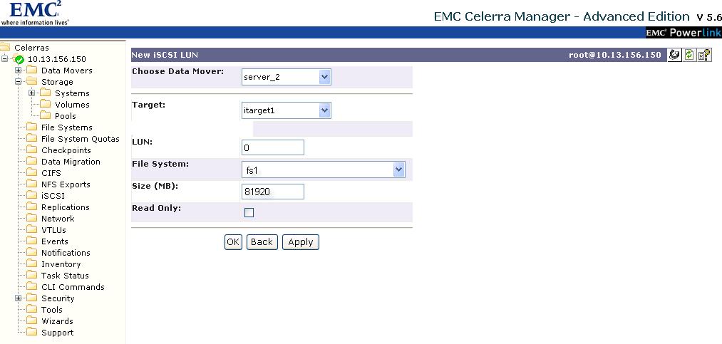This can also be done in Celerra Manager as shown in Figure 12: Figure 12 Create an iscsi LUN VMware ESX host configuration The ESX server must be configured to allow iscsi access and to ensure that
