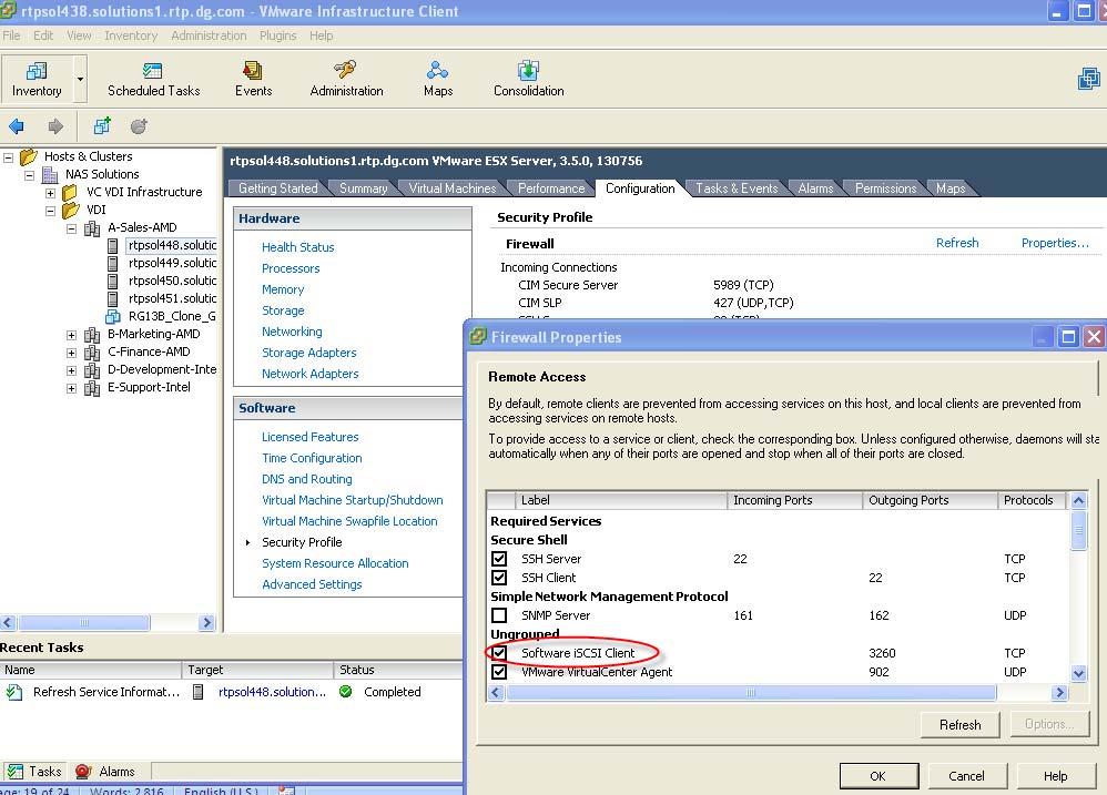 Figure 13 VMware ESX host configuration To ensure that the snapshot LUNs are available to the ESX server: 1. Click Configuration > Advanced Settings.