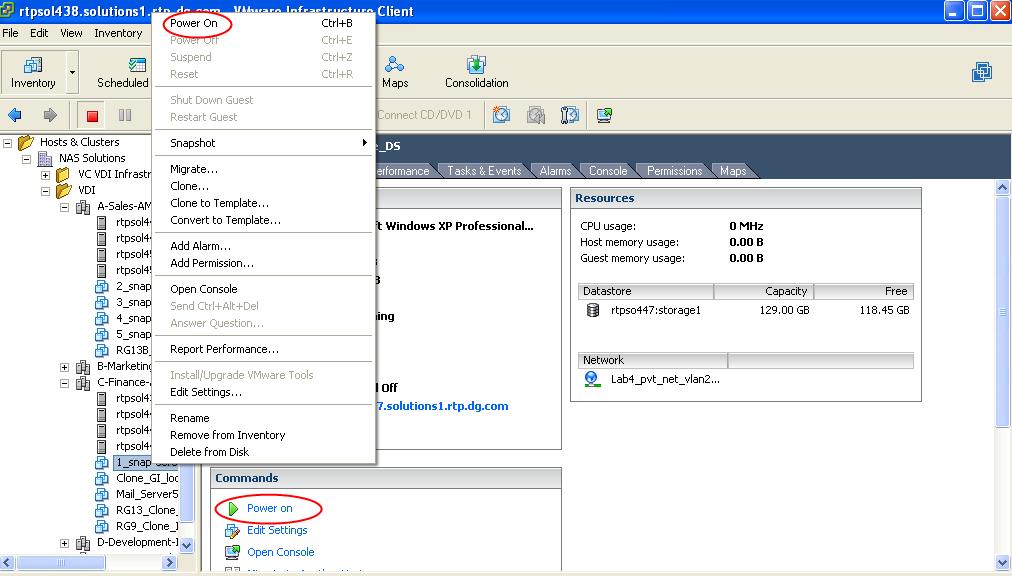 This can also be done in vcenter as shown in Figure 19: Figure 19 Power on option Note: Virtual desktops from Celerra TWS can also be created by using the EMC Celerra VMware Virtual Desktop