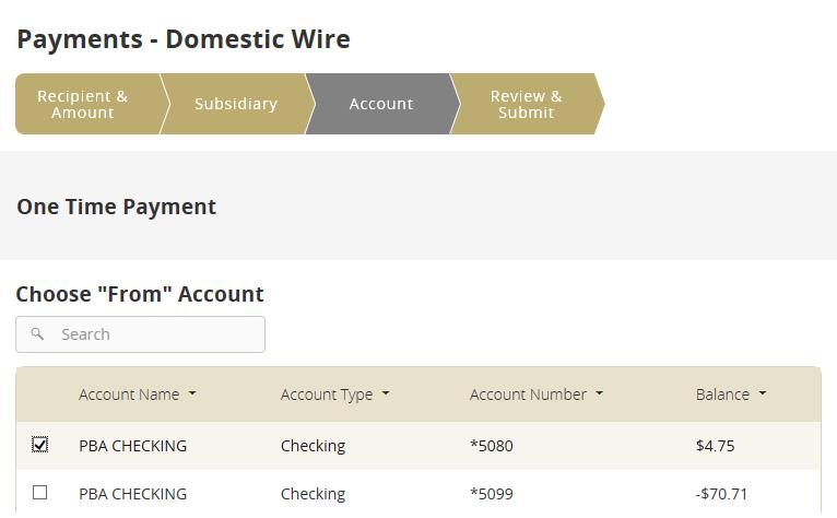 ACH & WIRE TEMPLATES/PAYMENTS Verify company to Send Payment As. Note: System defaults to Main Company.