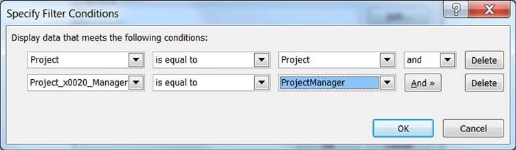 252 CHAPTER 9 Collecting and managing data by integrating with InfoPath 2 Click Add. For the Project Manager field, select Project Is Equal To Project from the main data source.