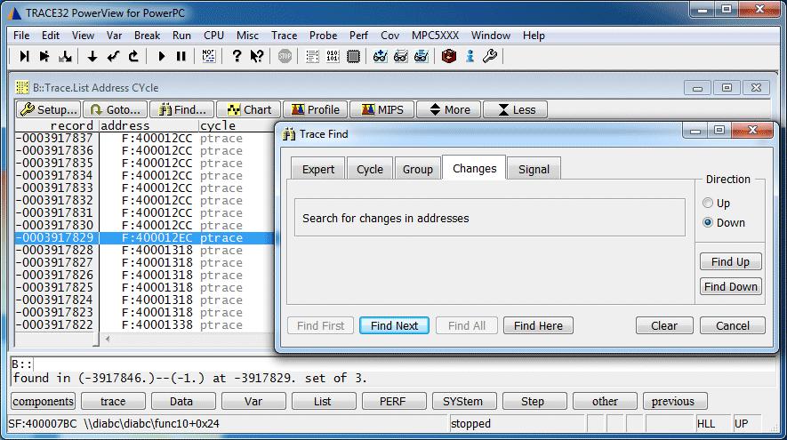 3. Continue with Find Next. Changes Address Set: 0x400012A8, 0x400012CC The cursor is positioned to next ptrace record for which the address is not in Changes Address Set.