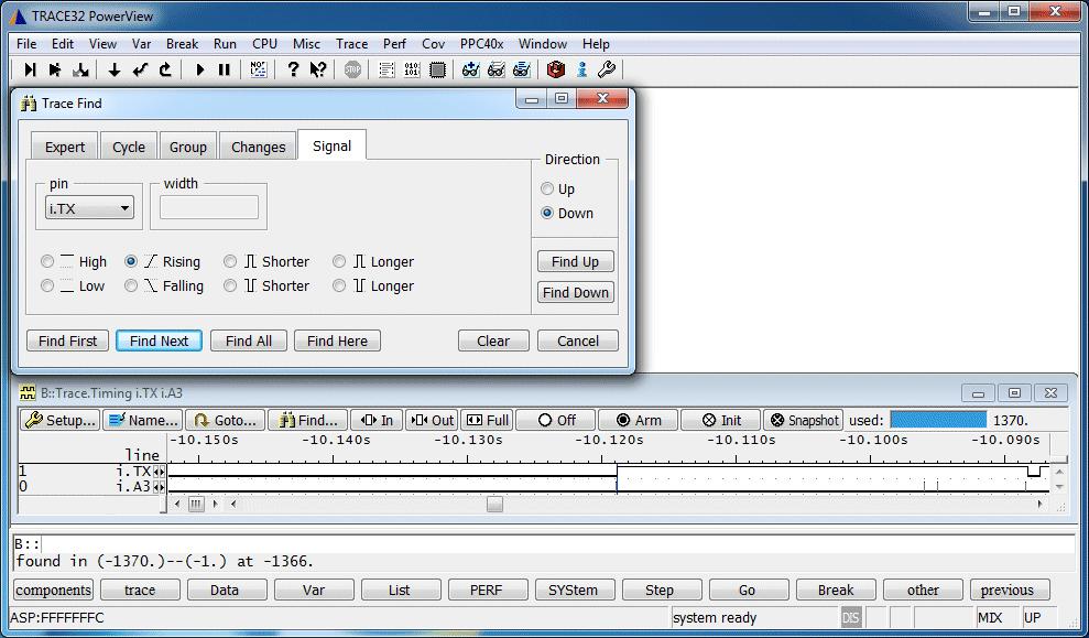 The Signal tab of the Trace Find dialog allows to search for specified signal