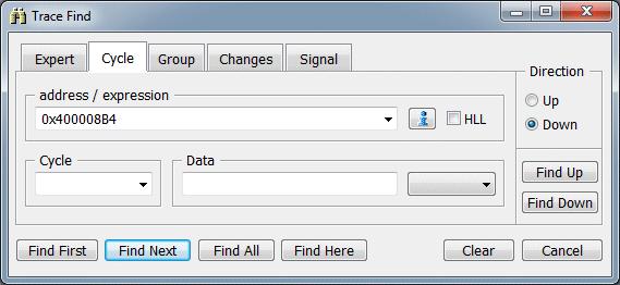 Cycle Tab (default) address/expression Field The address/expression field of the Trace Find dialog allows to search for the event of interest by specifying an address or an expression.