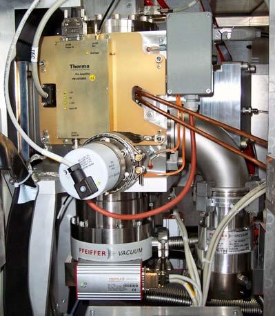 This chamber is bolted to a stainless steel welded UHV chamber housing the Orbitrap, lenses, and corresponding electrical connections. Pirani gauge Turbopump vacuum chamber (TMP 1) Figure 1-16.