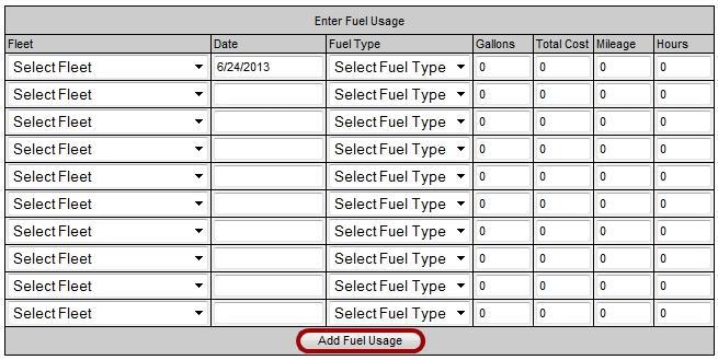 Adding Fuel Usage Fuel This page shows a list of fuel usage for each vehicle. On the Fuel Usage History submenu under the Fuel tab, the left table will list all past fuel usage entries.