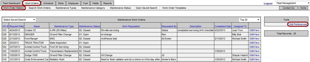 Work Orders This page shows a list of all the work orders that have been made for vehicles in your fleet.