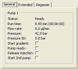 5 Daily Operation Checking the Status of the LC Devices Accela Pump, Accela 600 Pump, or Accela 1250 Pump Status View For information about the status of the pump and the degassing unit, see these