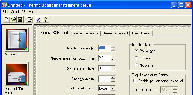 5 Daily Operation Accessing the Direct Controls Figure 88. Instrument Setup window open to the Accela AS Method page of the Accela AS view Accela AS button on the view bar Accela Autosampler view 2.