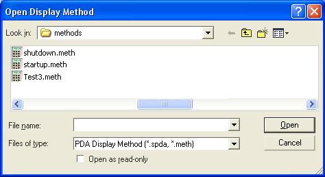 6 Direct Controls PDA Detector Direct Controls Figure 97. Open Display Method dialog box 8. Select the instrument method that you plan to use in your acquisition sequence. 9. Click Open to download the method to the PDA detector and close the dialog box.