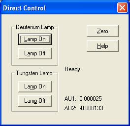 6 Direct Controls UV-Vis Detector Direct Controls UV-Vis Detector Direct Controls Use the Direct Control dialog box for the UV/Vis detector to turn the lamps on or off and to zero the chromatographic