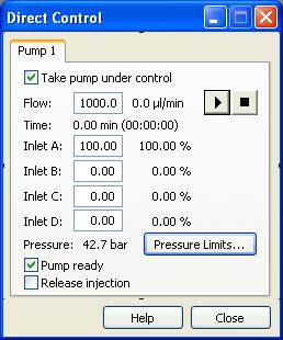 6 Direct Controls Pump Direct Controls Pump Direct Controls Use the Direct Control dialog box to download new solvent conditions to the pump, start and stop the solvent flow from the pump, and change