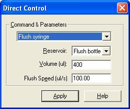 6 Direct Controls Autosampler Direct Controls Figure 108. Flush syringe direct control command 3. Initiate the Flush Syringe command: a. Select Flush Syringe from the list of commands.