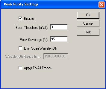 8 Qual Browser Calculating the Purity of the Chromatographic Peaks Figure 160. Peak Purity Settings dialog box 4. Select the Enable check box. 5.