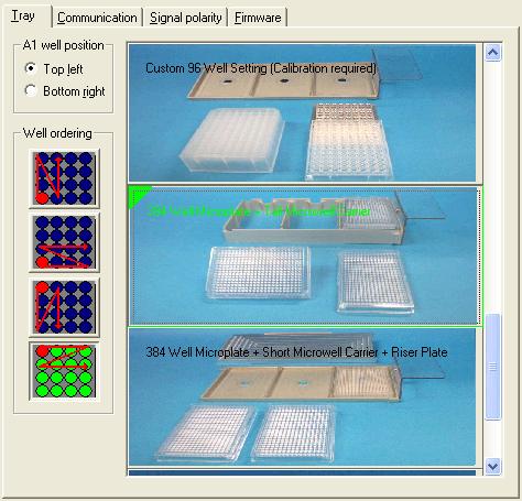 10 Autosampler Calibration and Record Keeping Calibrating the Autosampler Figure 213. Tray page with the 384-well microplate tray type selected 2. Select the 384-well plate tray type. 3. In the A1 Well Position area, select the Top Left option.