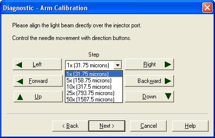 10 Autosampler Calibration and Record Keeping Calibrating the Autosampler Aligning the Light Beam with the Target Use this page of the Arm Calibration wizard (see Figure 226) to adjust the fine