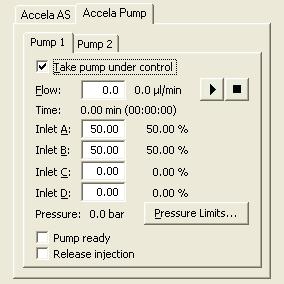 11 Making a Single Injection from the Tune Window Figure 241. Accela Pump page of the Inlet Direct Control dialog box b. Select the Take Pump Under Control ch