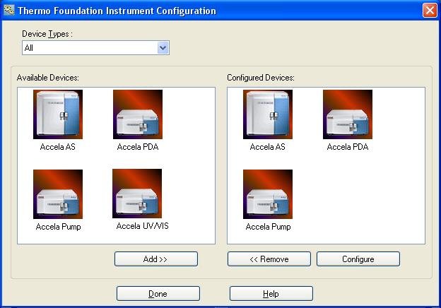 2 Thermo Foundation Instrument Configuration Specifying the Configuration Settings To add the LC device drivers to the Thermo Foundation instrument configuration In the Available Devices list,