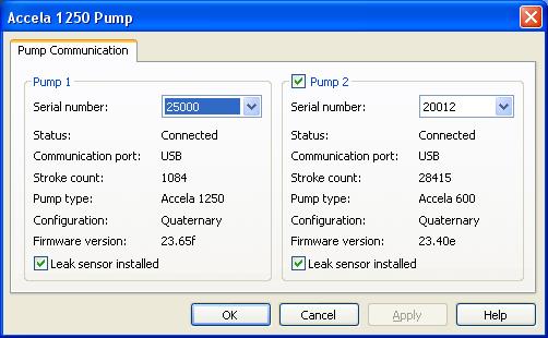 2 Thermo Foundation Instrument Configuration Specifying the Configuration Settings Figure 38. Accela 1250 Pump dialog box with the settings for a dual-pump system 5.