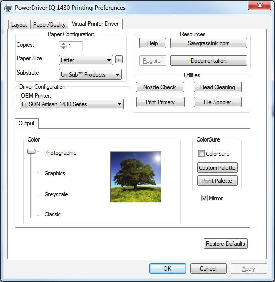 3) In the PowerDriver IQ 1430 Printing Preference window, click the Virtual Printer Driver tab.