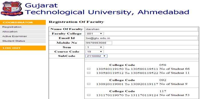 of examiner College code Email id Current mobile no.