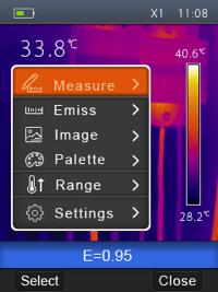 Main Menu Main Menu is the main interface of the Thermal Imager s menus. It contains six items, including Measure, Emissivity, Image, Palette, Temperature Range, and Settings.