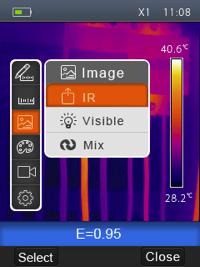 Image Mode 1. In main menu, press up and down button, highlight Image. 2. Press select button, pop-up Image submenu which contains infrared image, visual image and fusion. 3.